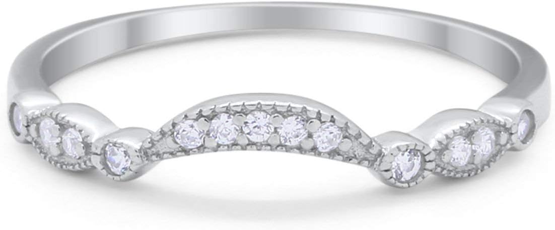 Blue Apple Co. Art Deco Curved Wedding Band for Ring Round Cubic Zirconia 925 Sterling Silver