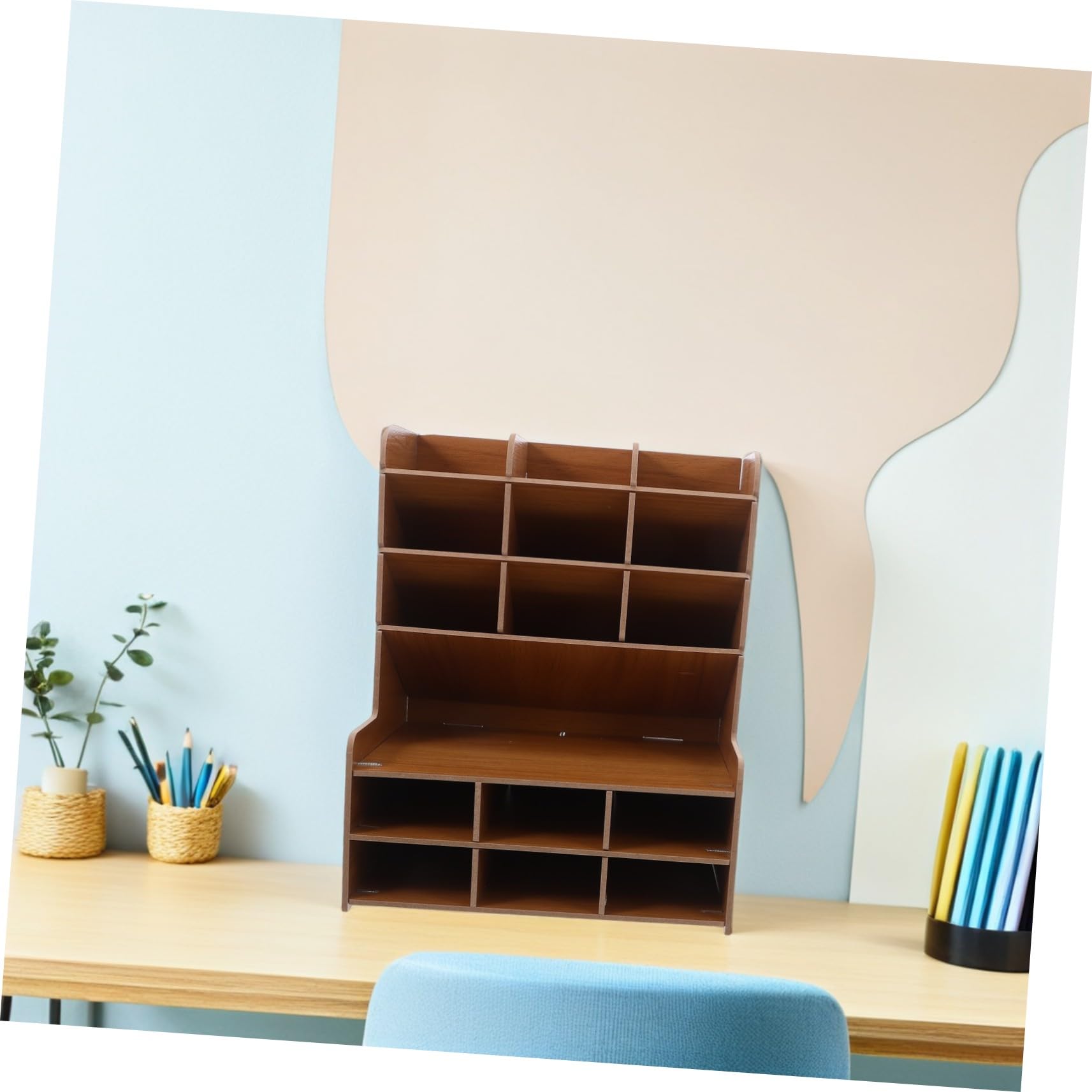 Angoily Portapenne in Legno per Scrivania con Scomparti per Matite Righelli e Gomme Contenitore Organizer da Scrivania in Legno Massello per Cancelleria
