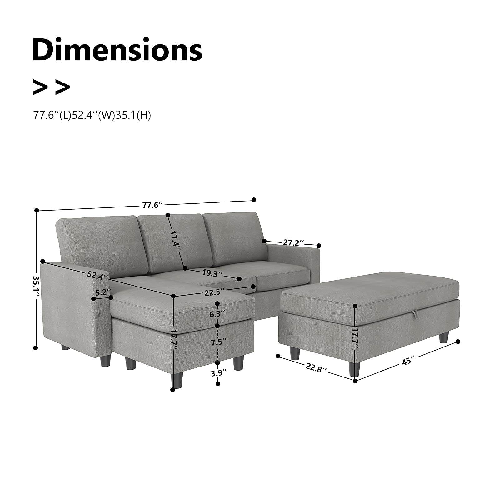 HONBAY Grey Sectional Couch with Ottoman, Convertible L Shaped Chaise Sofa Set Sectional with