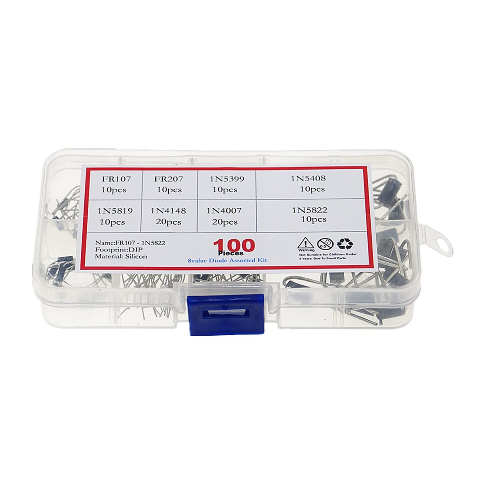100 Stück Dioden-Set Gleichrichter Schottky 1N4007 1N4148 1N5817 1N5408 1N5822 1N5399 FR107 FR207 im Komponentenkasten