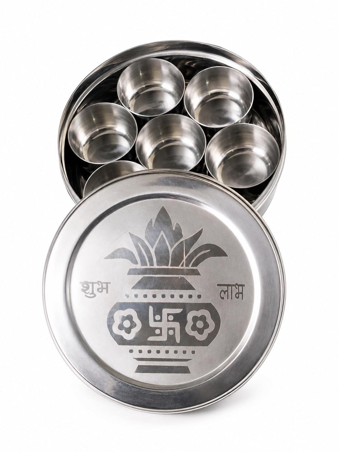 SR SMART MART Stainless Steel Round Pooja Box with 7 Containers | Compact Puja Samagri Storage Box | Durable Steel Sindoor Kumkum Chawal Box | 11cm-image-38