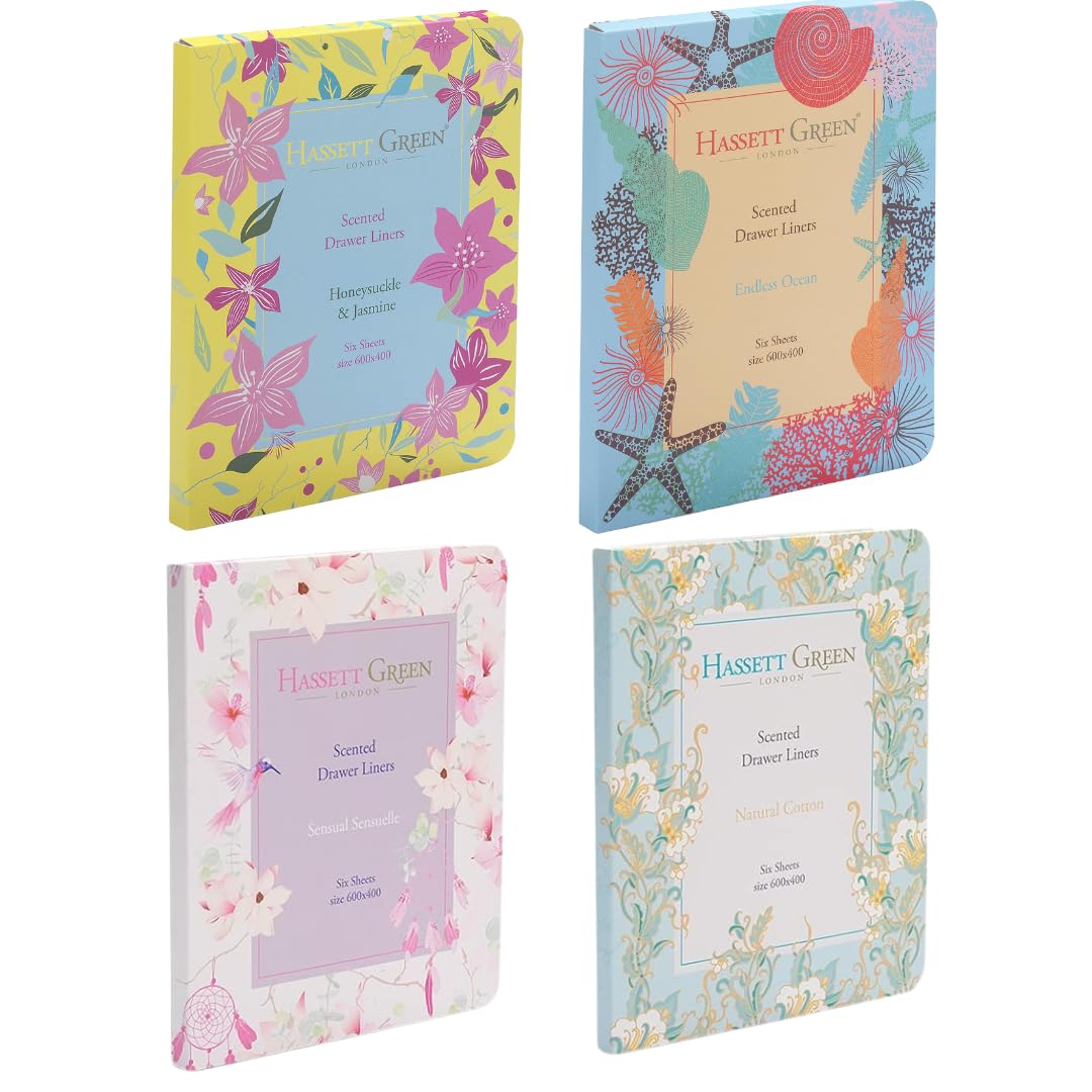 Hassett Green London Multi-Fragrance Four Pack Scented Drawer Liners - Honeysuckle & Jasmine - Endless Ocean - Sensual Sensuelle - Natural Cotton - 6 Sheets Size 600 X 400 In Every Box