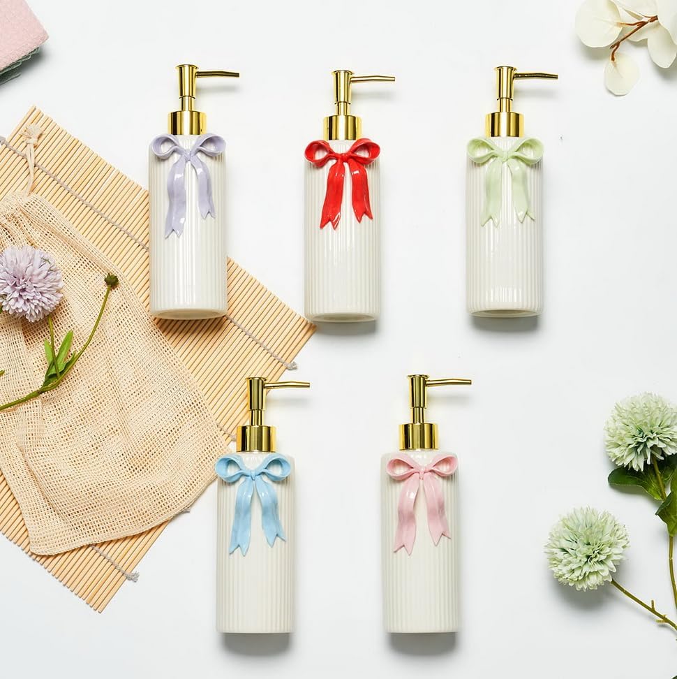 Miniatura 7 de Dispensador de jabón de cerámica hecho a mano, dispensador de líquido de loción para manos, recargable para decoración de cocina y baño (cinta rosa)