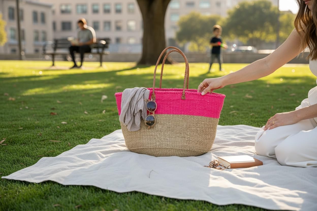 Extra Large Shoulder Bag Beach Bag Kiondo Kenya Fair Trade: Pink and Tan Length: 25" x Height: 13" With Straps: 19"