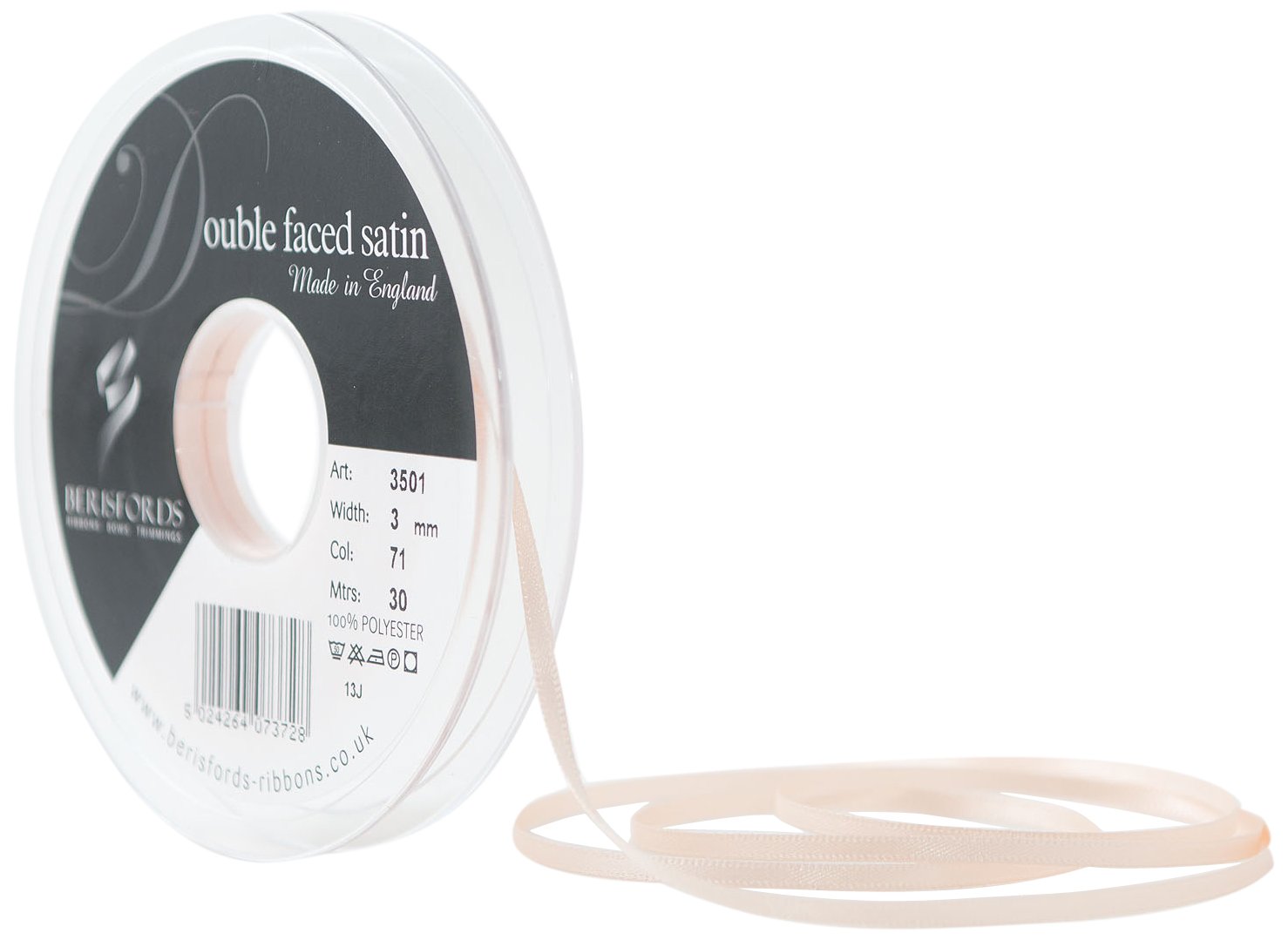 Berisfords Double Satin Ribbon, Peach, 3 mm