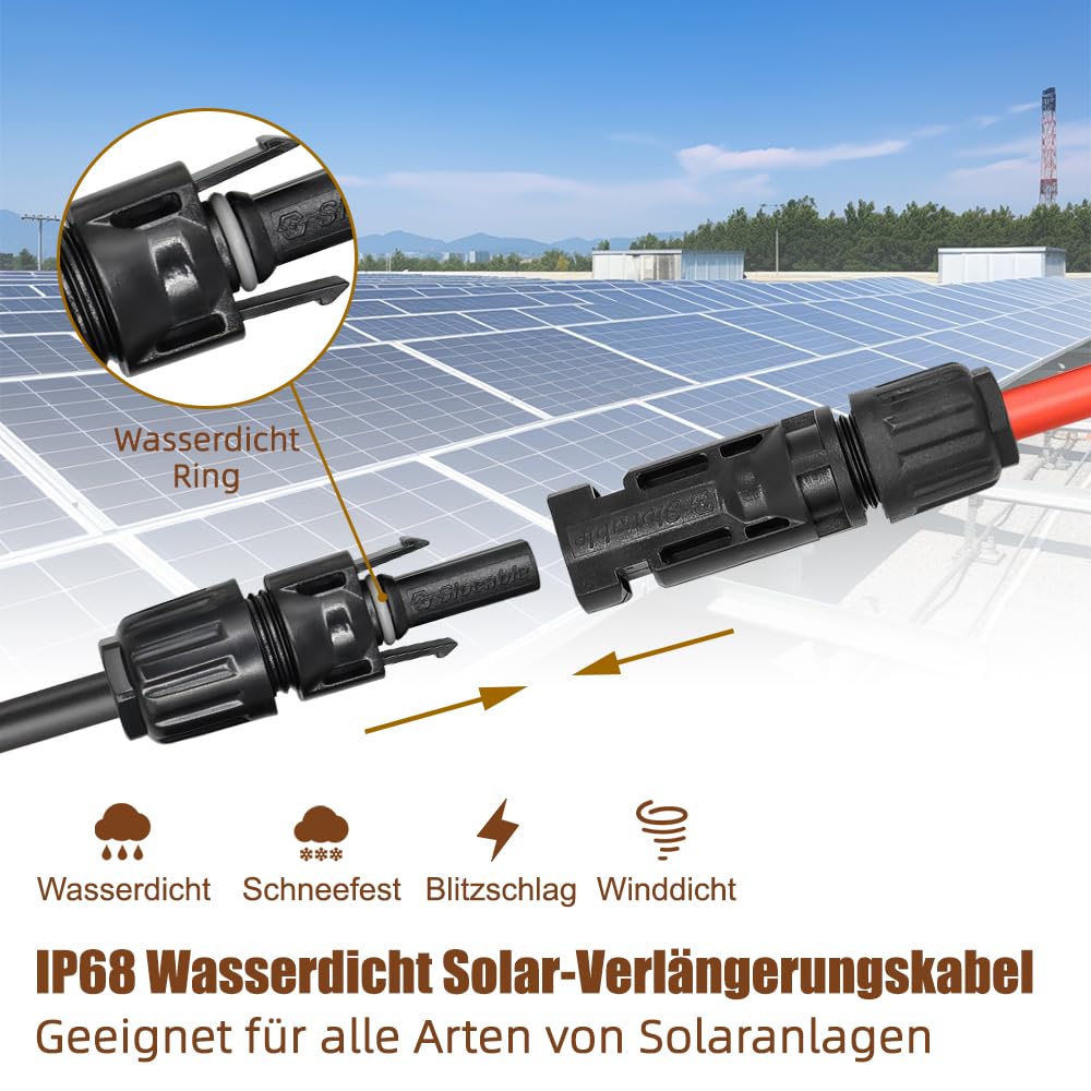 Solarkabel 6mm2 15m, H1Z2Z2-K Solar Verlängerungkabel mit IP68 Wasserdicht Solarstecker, für Solaranlage Photovoltaik System