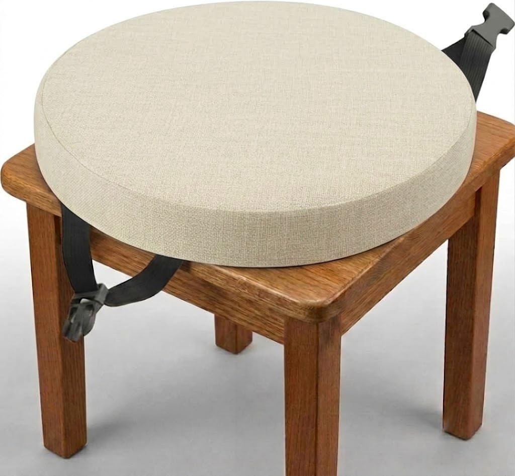 QOEUIUJ Round Chair Seat Pad with Ties 30cm to 50cm Linen Stool Cushion with Zipper Cover High Density Foam Non Slip Seat Cushions for Kitchen Barstool Bistro(Beige,35x35x5cm)