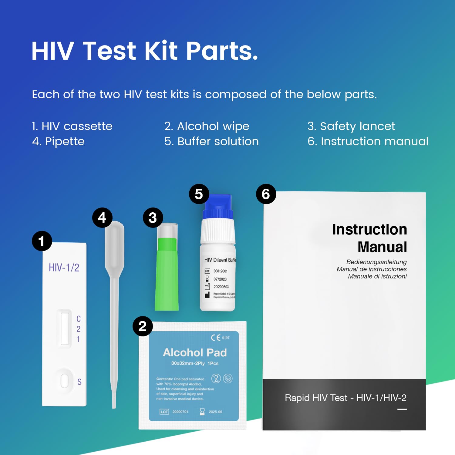 2 x Aydmed Kit per test rapido HIV Autotest HIV-1 e HIV-2 Livello di sensibilità 100% | Livello di precisione del 99,79% Testare il sangue per gli anticorpi contro il virus dell'immunodeficienza umana