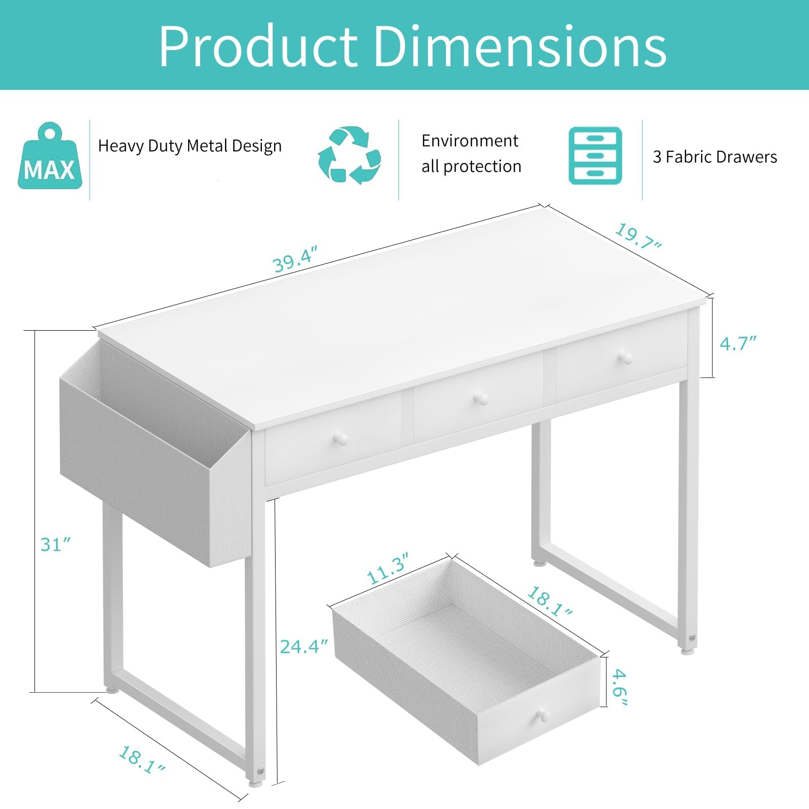 Lufeiya Mesa Escritorio con cajones Escritorio Blanco para Oficina Escritorio Pequeño Ordenador casa de Mesa de Estudio para Espacios 100X48cm Blanco