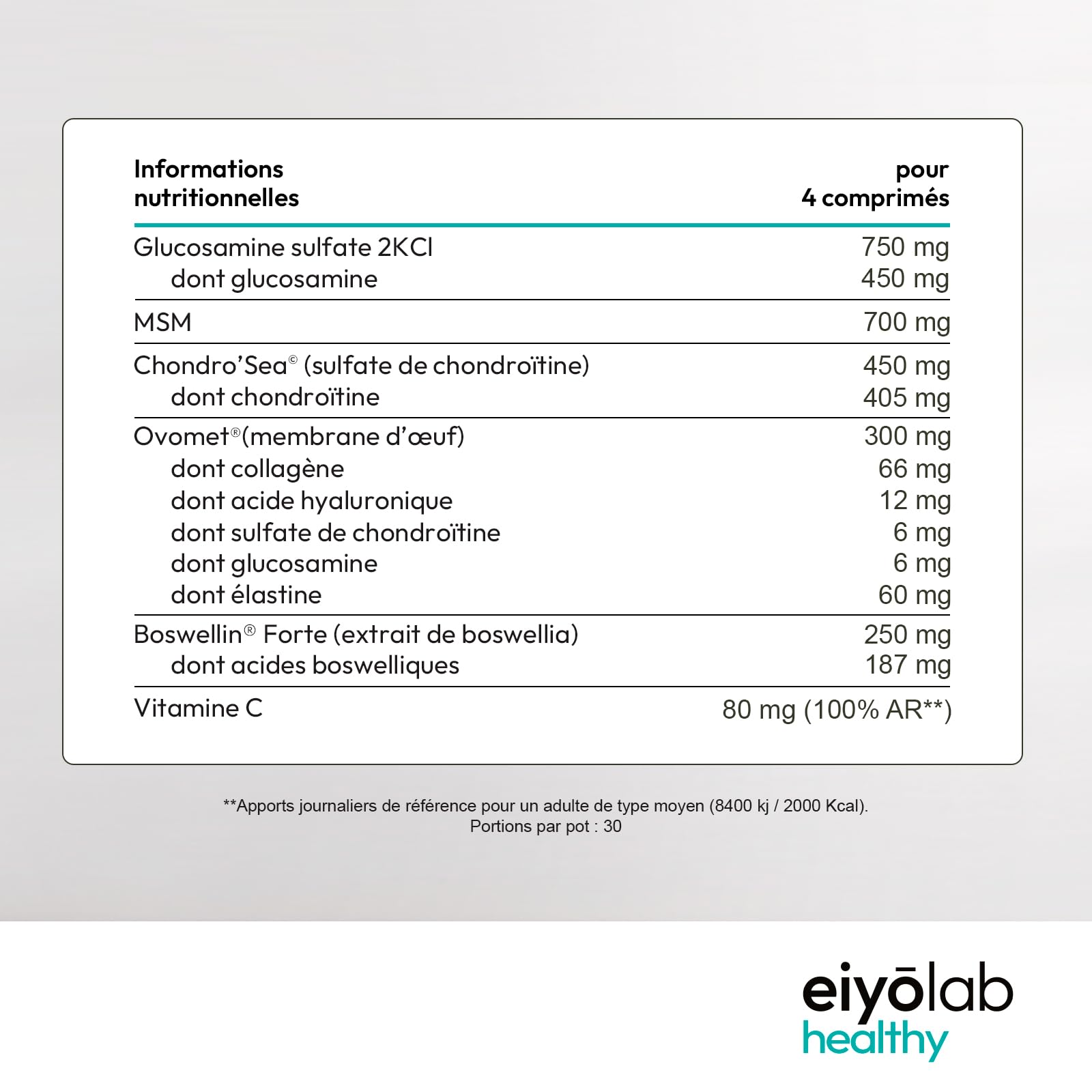 ARTHRO HT | Articulations Douloureuses - Soulagement Rapide et Durable | 3 Actifs Brevetés | Collagène Ovomet + Glucosamine + Chondroïtine + MSM + Boswellia | 120 Comprimés | Made in France | Eiyolab