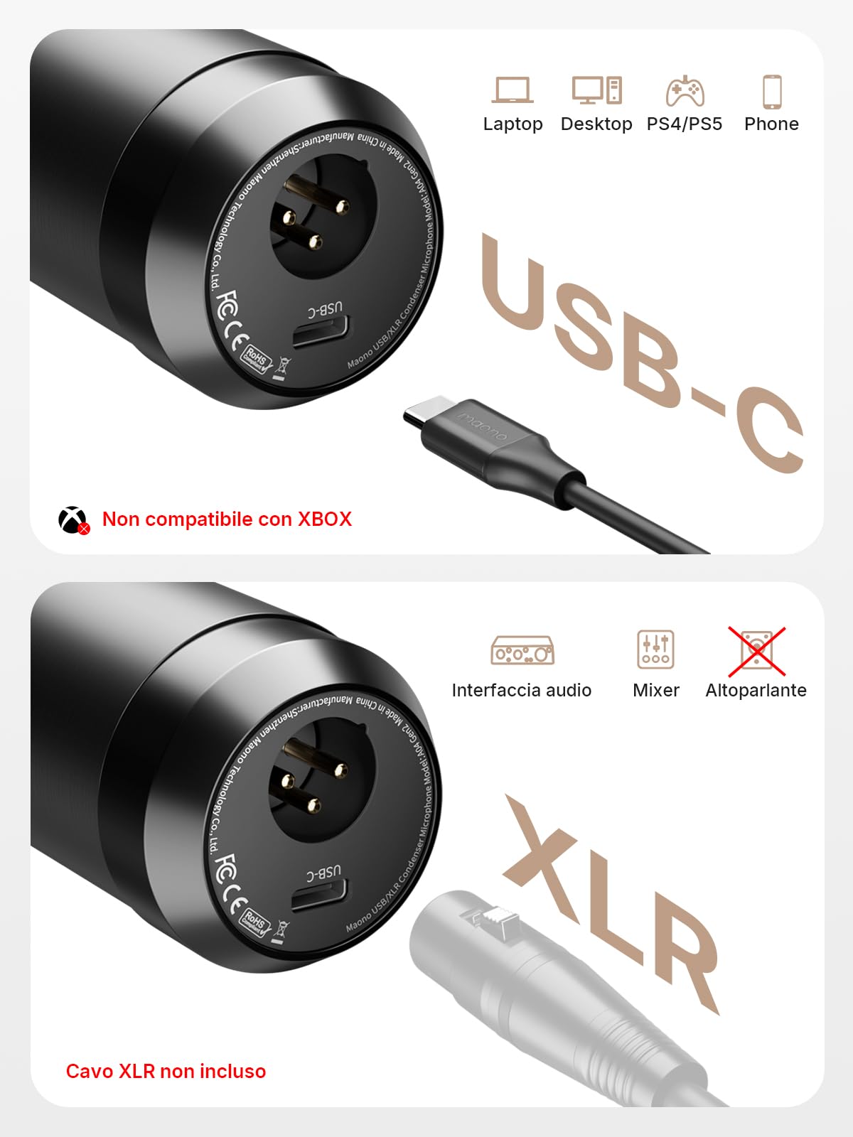 MAONO Microfono a condensatore XLR/USB: 192 kHz/24 bit PC Plug & Play Kit microfono Podcast in metallo con software, chipset audio professionale per registrazione, studio, voce, YouTube A04 Gen2