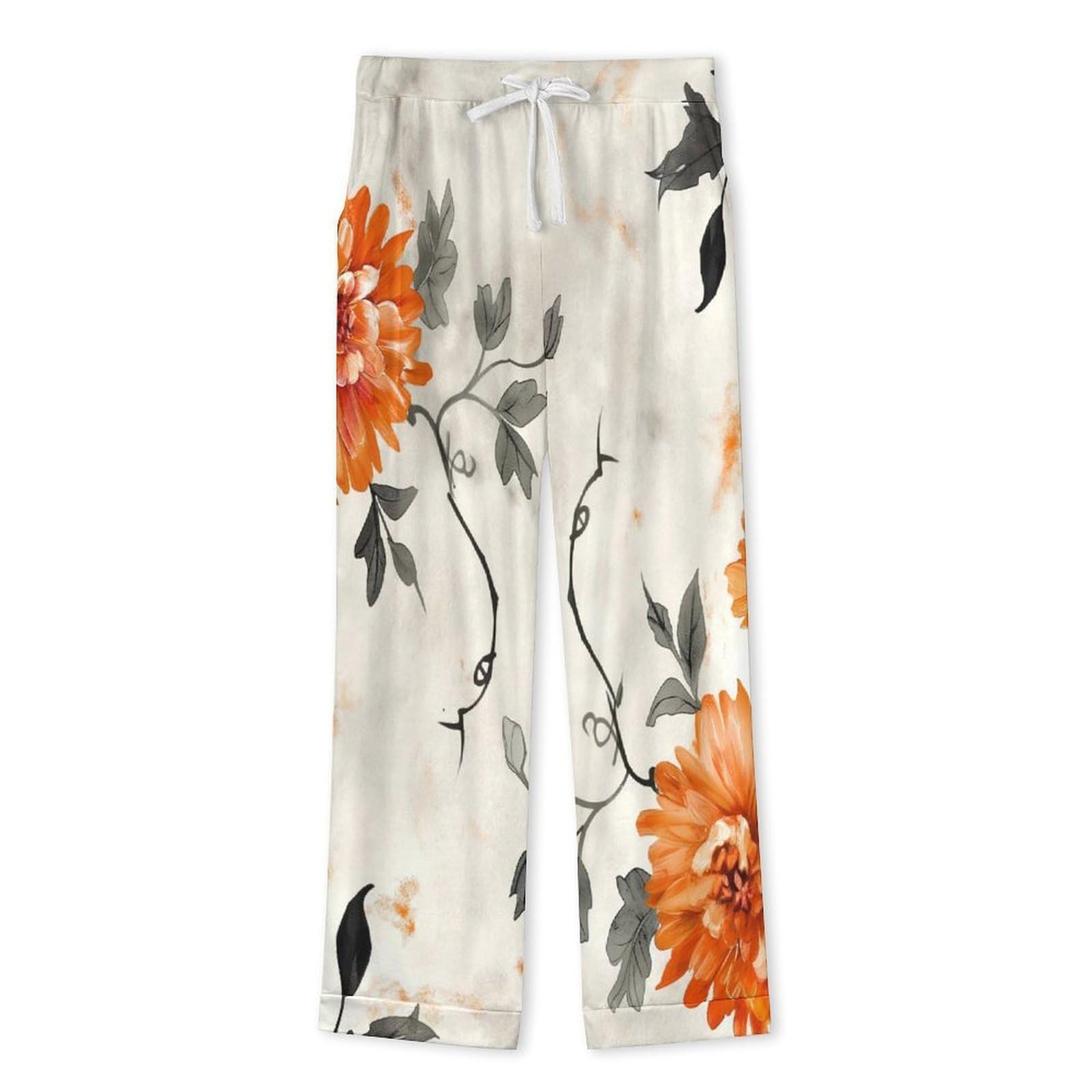 Pigiama Beige Uomo Abbottonata Cotone Pigiami Due Pezzi, Crisantemi acquerellati Maniche Lunghe Top e Pantaloni con Tasches Morbido e Confortevole Casual per la Casa