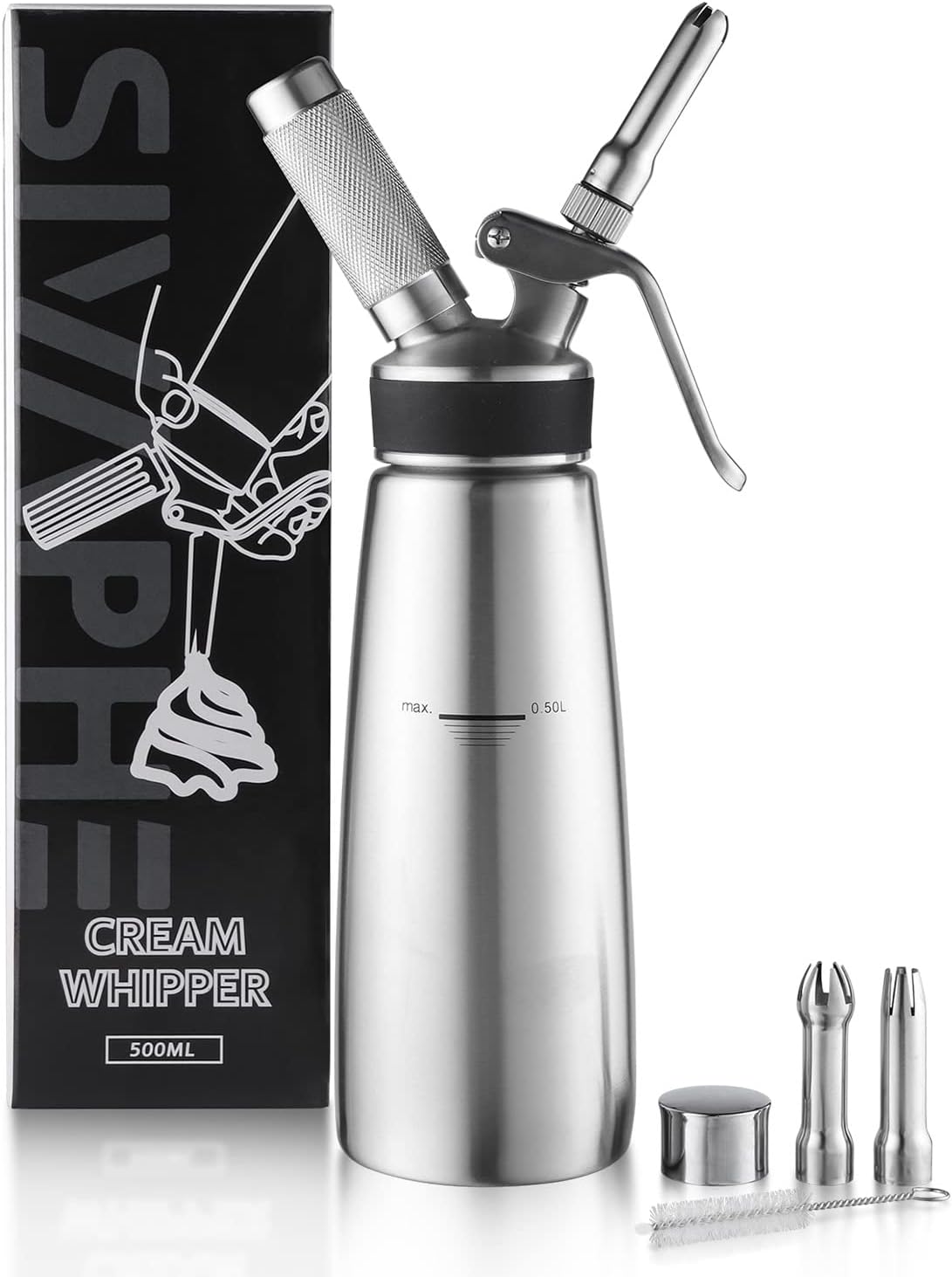 Sivaphe 500ML Whipped Cream Dispenser Stainless Steel, 1-Pint Dessert Cream Whipper with Brush & Decorating Nozzles Homemade Gourmet（Chargers Not Included)