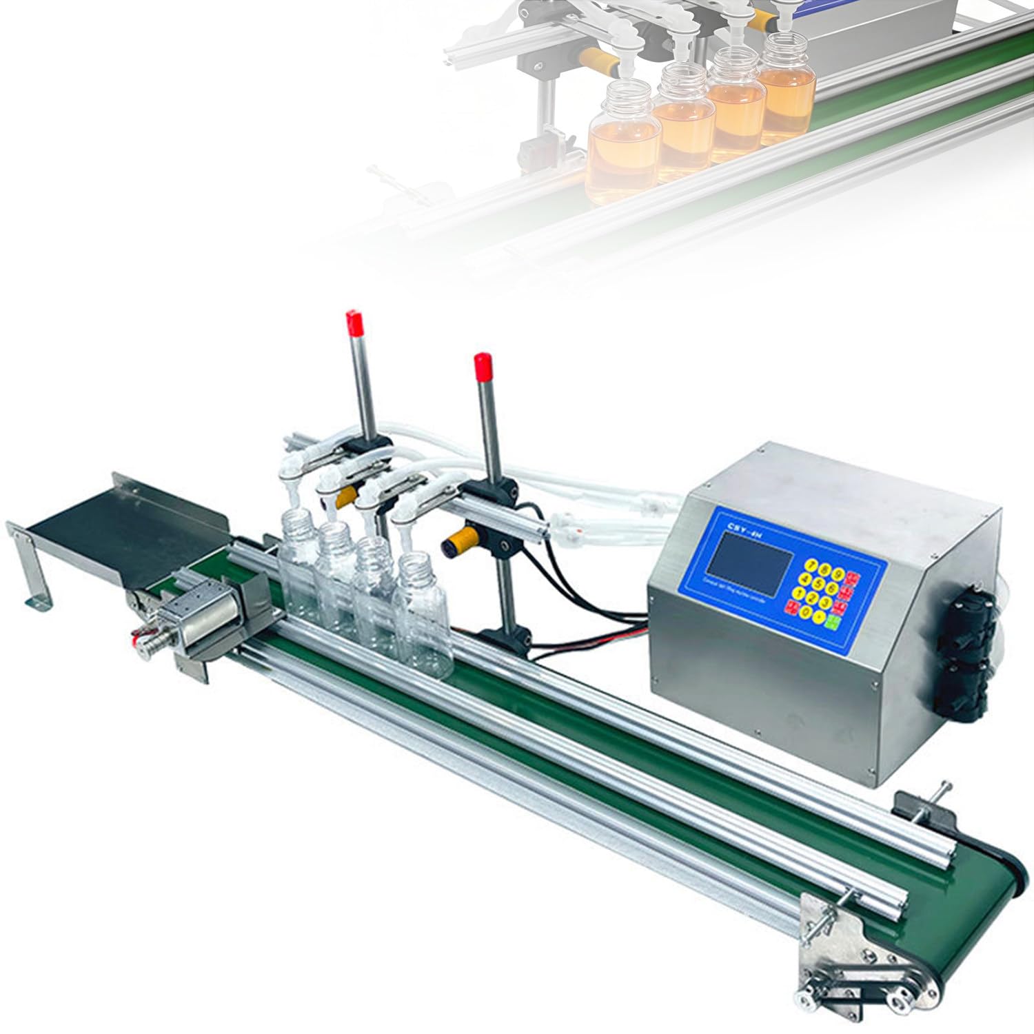 Machine De Remplissage De Liquides à 4 Buses, Ligne De Production Automatique avec Remplisseuse à Membrane Et Convoyeur pour Boissons, Sauce Soja, Vinaigre 4H1200