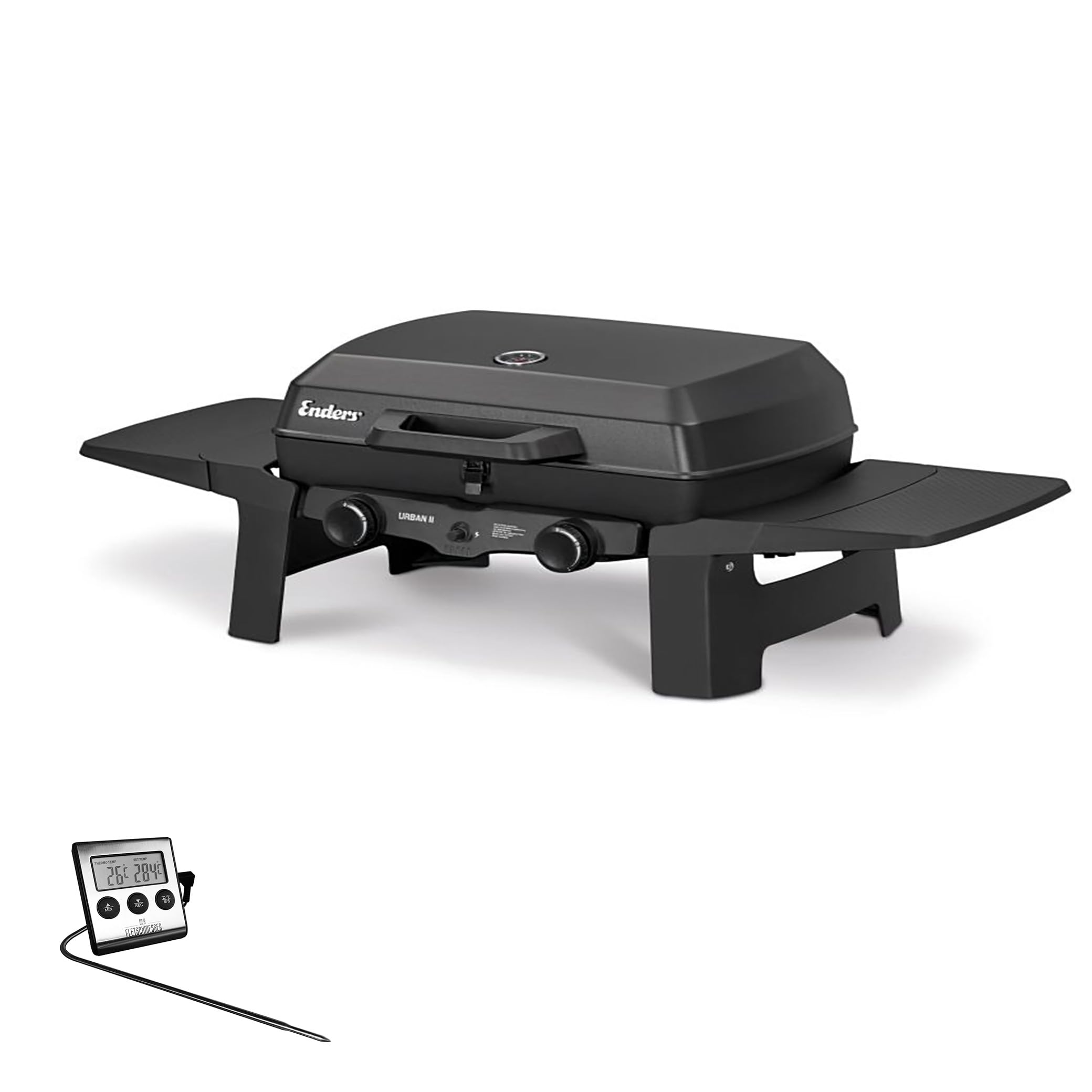 Enders® Gasgrill Urban II inkl. Thermometer, Tischgrill, Grillen-, Kochen- und Backen Funktion, 2 Brenner Edelstahl, Balkon-, Camping-Grill, Aluguss-Gehäuse, Gusseisen-Rost
