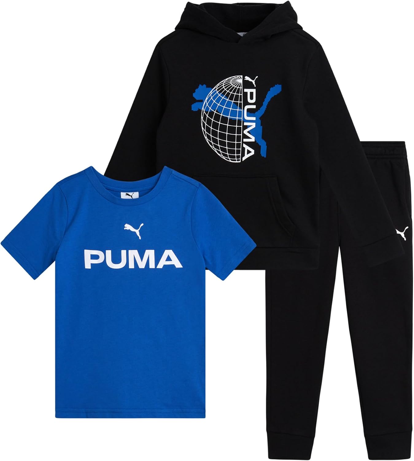 PUMA Toddler Boys Pants Set - 3 Piece Active T-Shirt, Fleece Hoodie Sweatshirt, and Jogger Pants Set for Little Boys (2T-7)