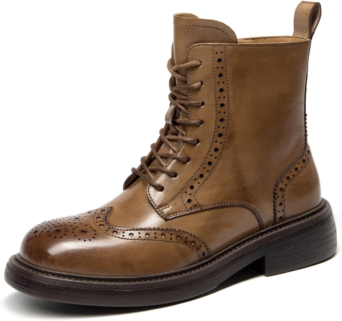 BEAU TODAY Combat Boots Womens, Leather Lace-up Brogue Oxfords Boots, Chunky Low Heel Ankle Booties for Women, Fashion Platform Dressy Fall Short Booties Shoes with Side Zipper