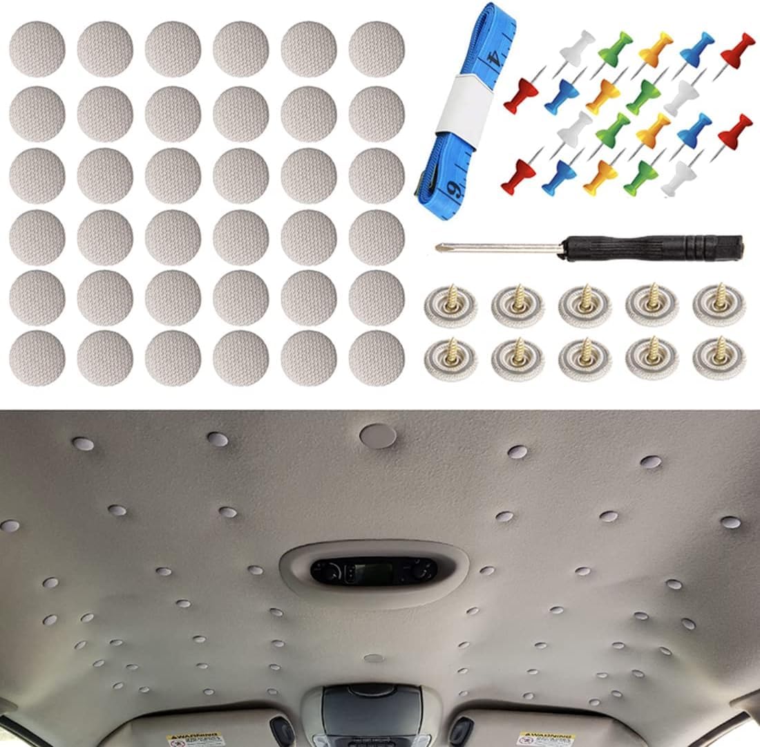 DXJ 60 Pcs Universal Car Sky Repair Buttons, Universal Rivet Snap Fasteners, Flannelette Design for Car Sky, with Installation Tool, Compatible with All Cars