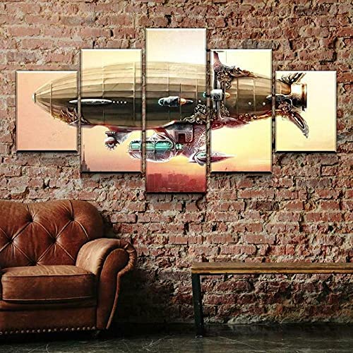 Tableau steampunk de 5 panneaux muraux avec dirigeable scifi sur toile