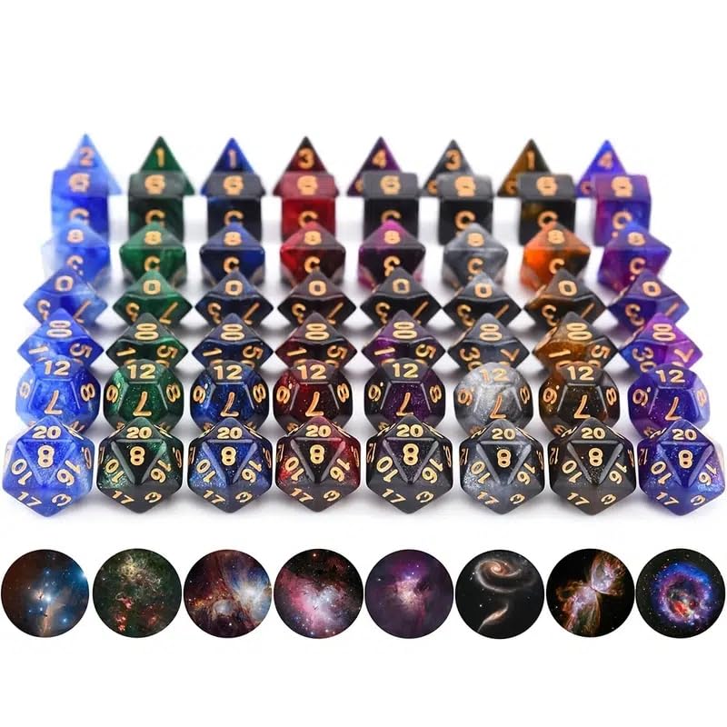 8 Colors 56 Pcs Galaxy DND Role Playing Dice, Glitter Sparkle Cosmic Polyhedral DND Dice for Table Game