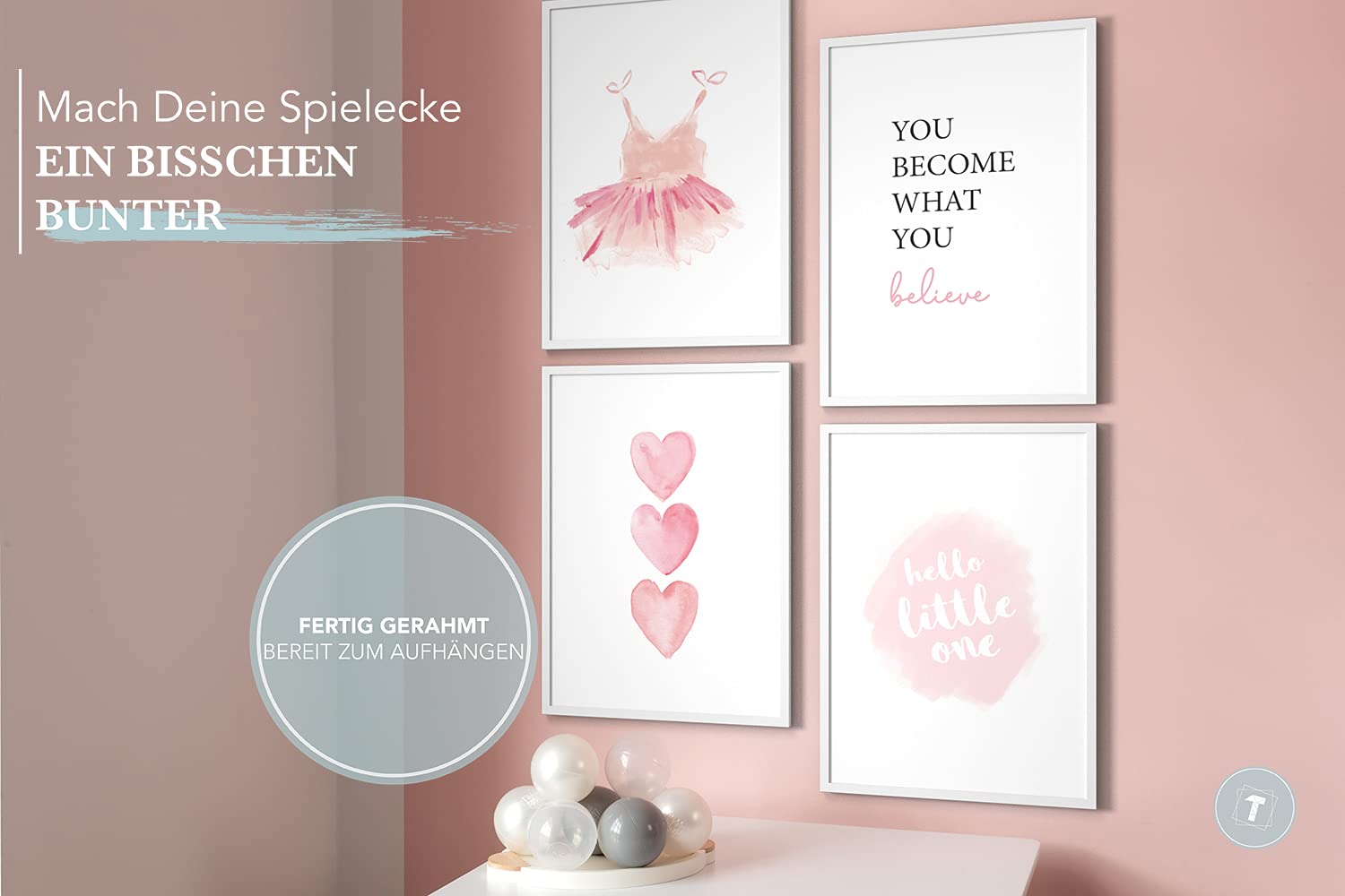 Cuadros para niños, Set de 4, A3 enmarcado en marco de madera (blanco), Regalo para niñas, Láminas decorativas para el cuarto infantil, Corazónes rosa Vestido hola pequeño, Baby Girl Dress
