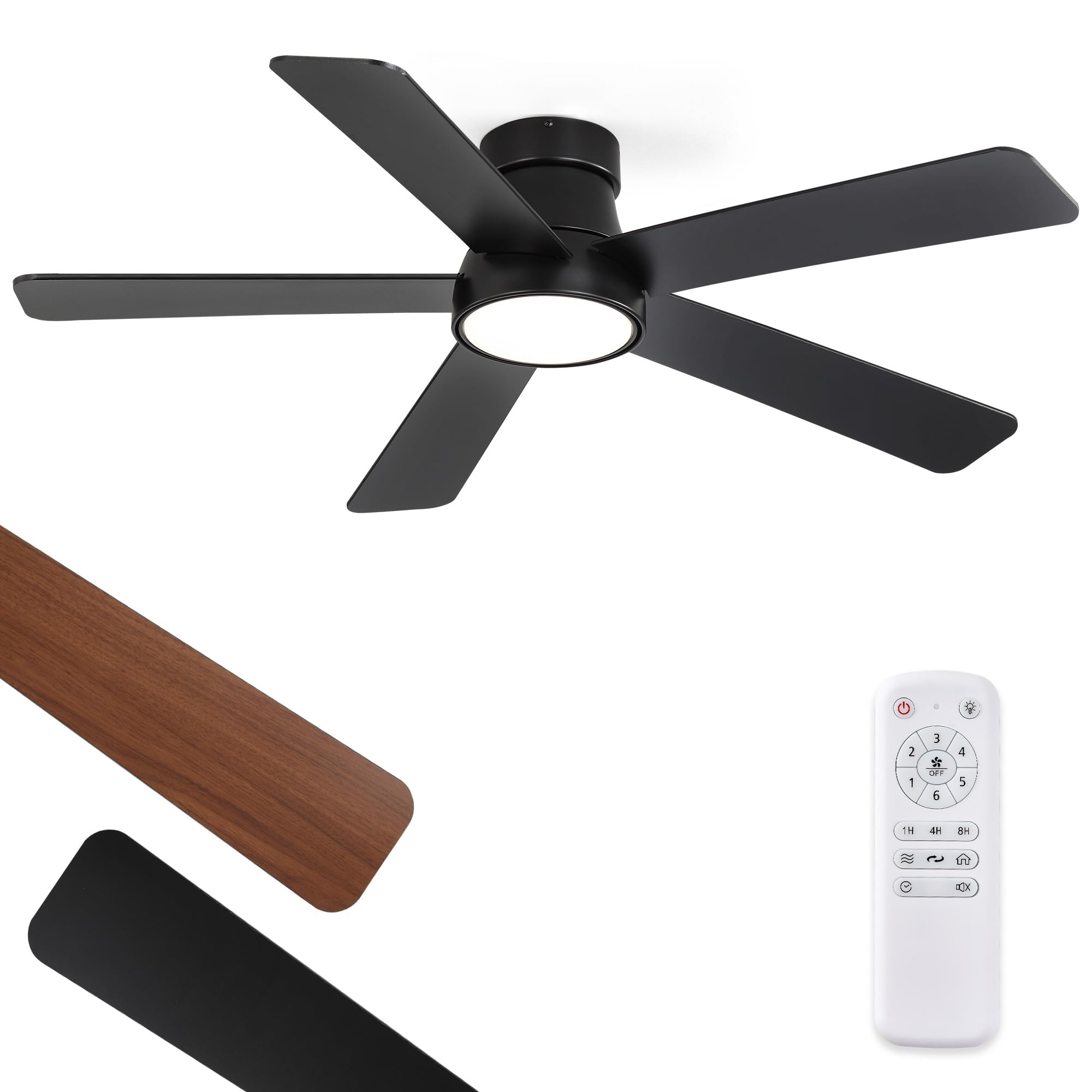 Photo 1 of 48 Inch Ceiling Fans with Lights and Remote,Outdoor Indoor Modern Flush Mount Ceiling Fan with 3CCT 6-Speed Quiet DC Motor,Black Small Low Profile Ceiling Fan for Bedroom Living Room Office(Black)