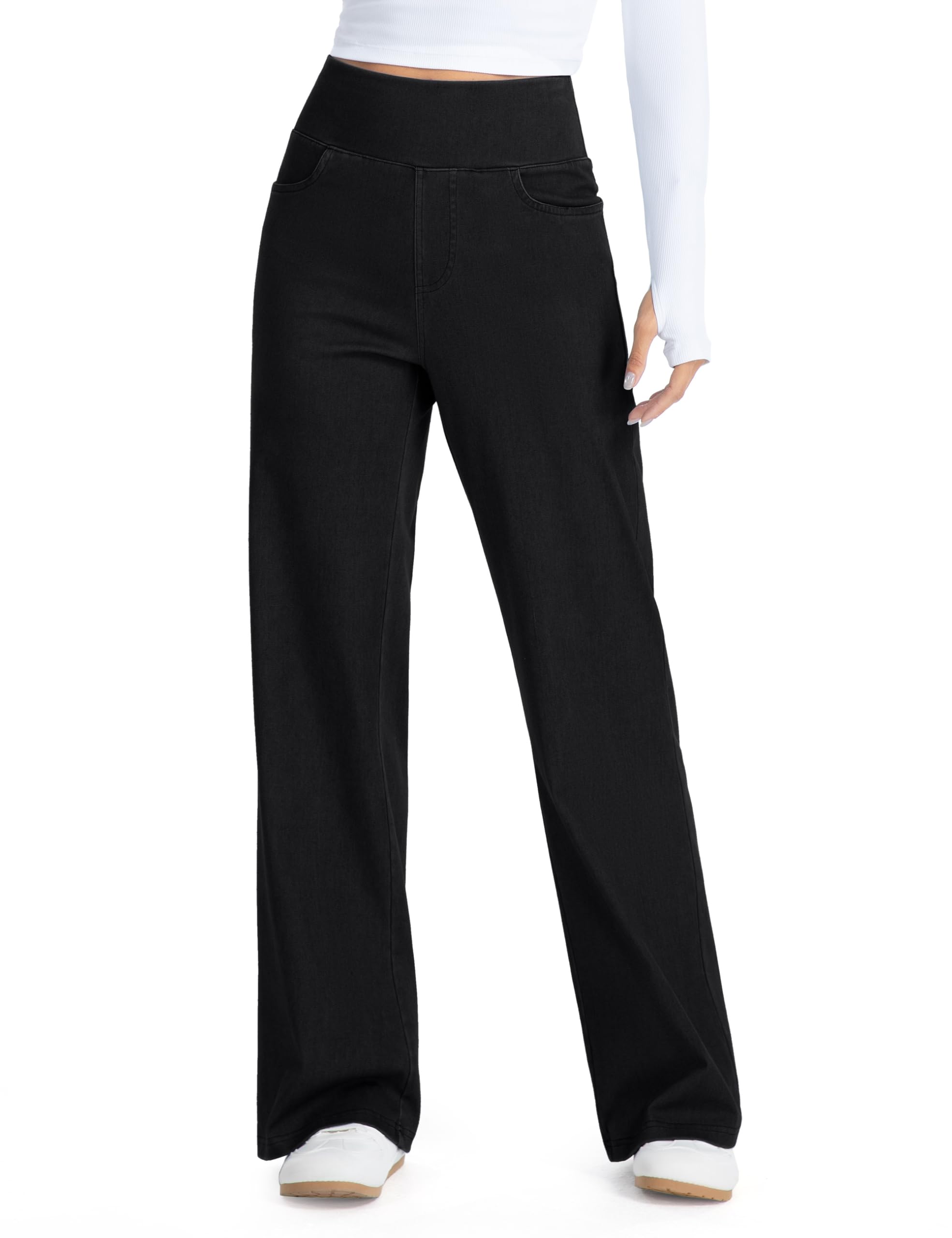 THE GYM PEOPLE Wide Leg Jeans Damen High Waist mit Taschen - Elastische Schlupfhose mit Gummibund, Weites Bein Baggy Marlene Hose, Stretchy Straight Leg Denim Pants