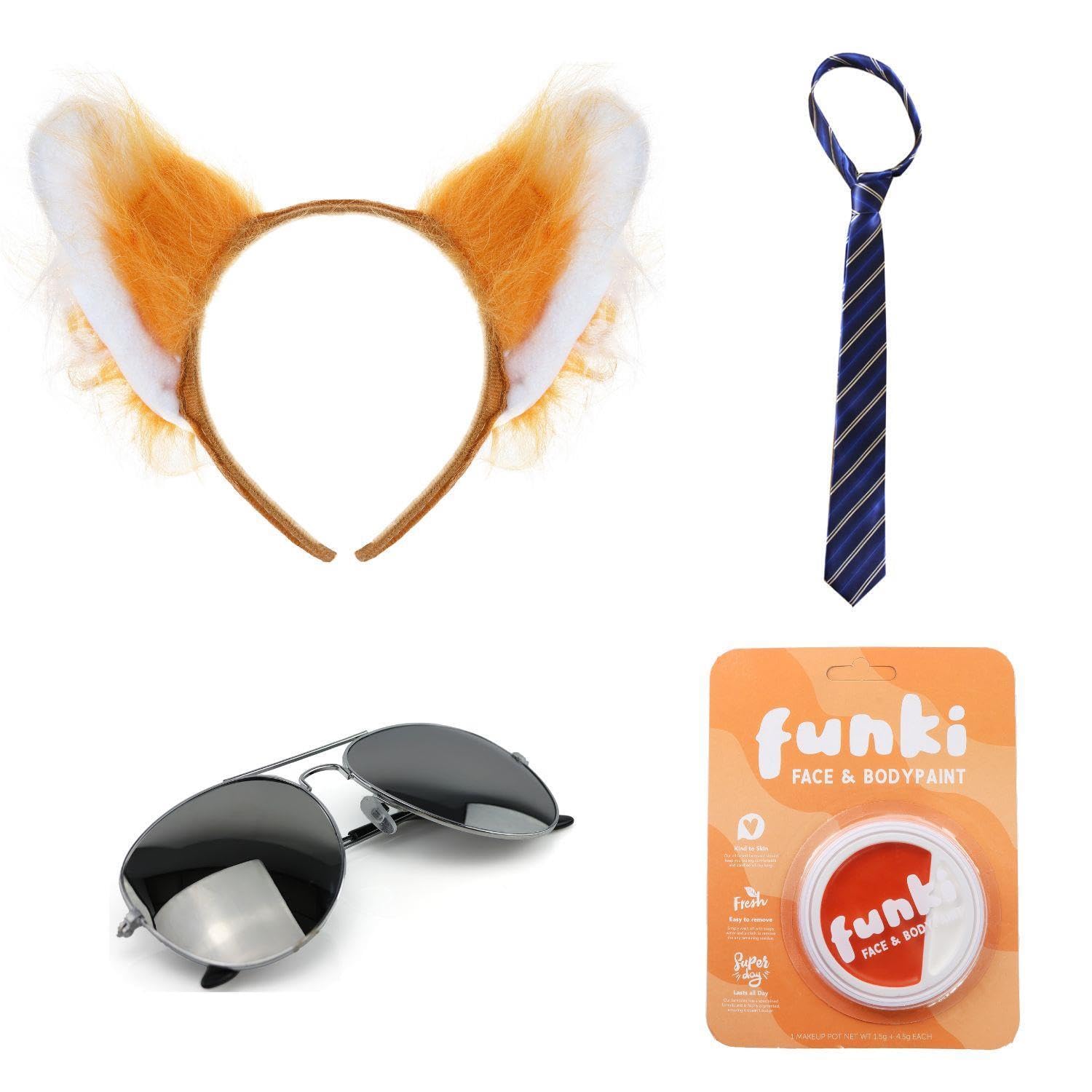Fox Costume Set – Includes Ears, Tail, Tie, Sunglasses & Face Paint – Ideal for Halloween, Parties & Fancy Dress