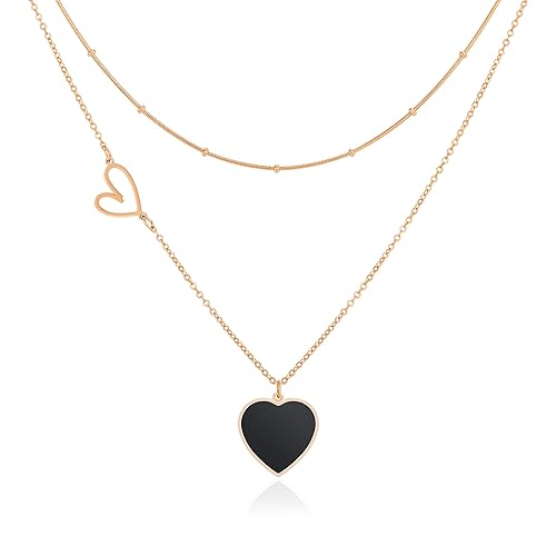 Linawe Layered Choker Heart Pendant Necklace for Women Trendy, Gold/Silver/Rose Gold Chain Stainless Steel Stacked Necklaces, Double Heart Necklace Y2K Preppy Jewelry - Rose,black Heart - Rose Gold