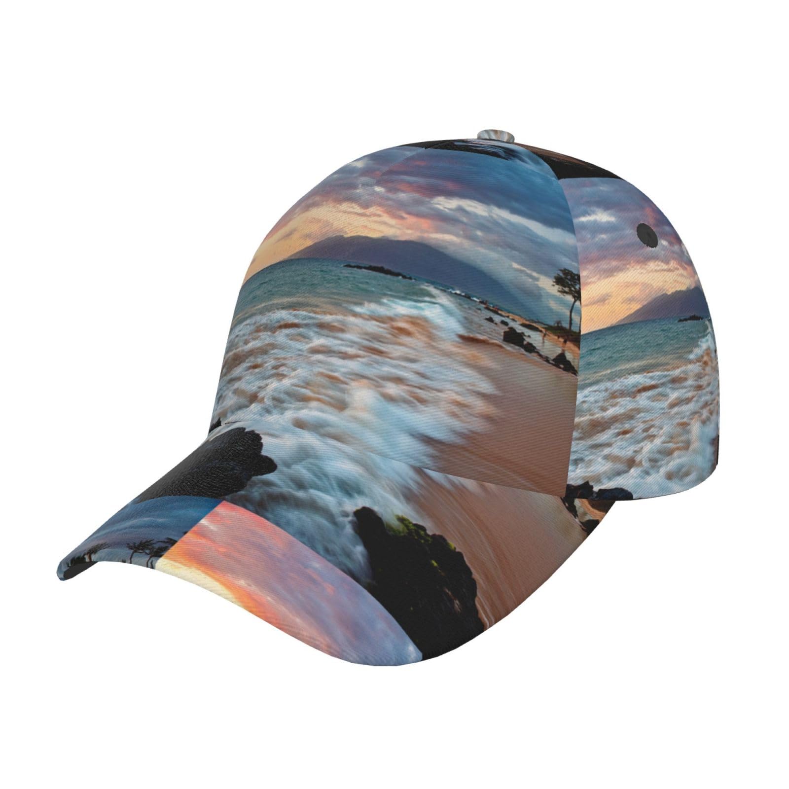 HYSDPUZK Beach Maui Hawaii Sunset Clouds Print Tylish Curved-Brim Baseball Cap - Full Print Polyester Hat for All Seasons and Genders
