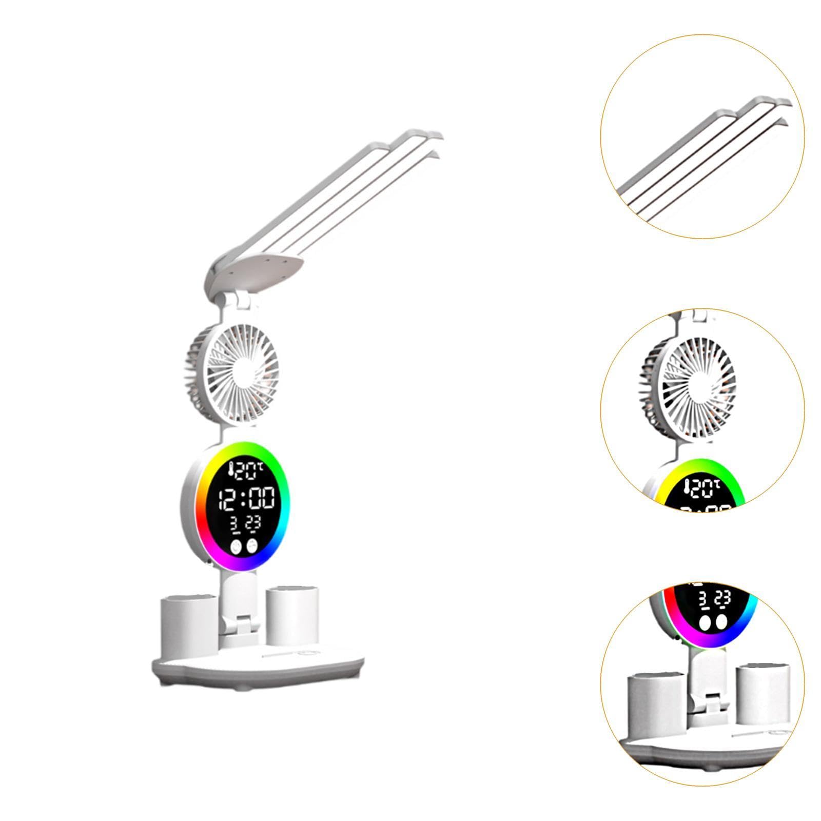 Fenteer Schreibtischlampe, Leselampe mit Stifthalter, mit Uhr, Datum, Temperatur, Standlicht, Dekor, tragbares Augenschutz-Nachttischlicht, mit Lüfter
