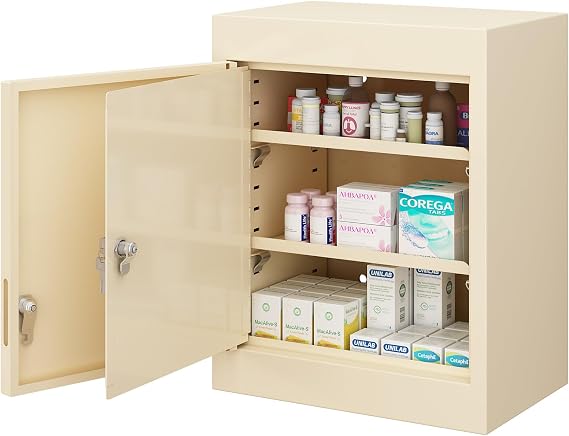 Locking Medicine Cabinet With Double Door & Dual Key Lock, 12" W X 8.1" D X 15.1" H, Wall Mount Steel First Aid Cabinet For Safe Narcotic, Drug & Medical Storage, Beige
