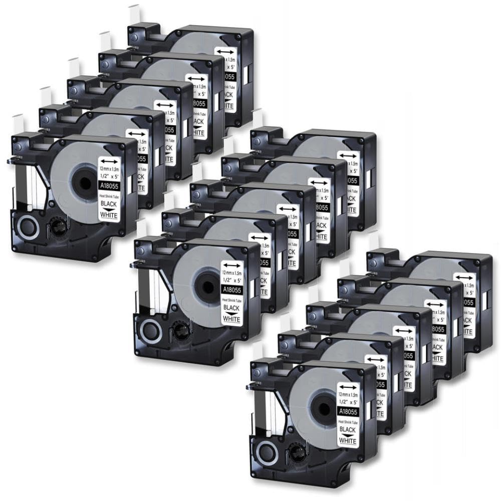 Thermoeinziehbare Etikettenröhre, 6 mm, 9 mm, 12 mm, 19 mm, 24 mm, Schwarz auf Weiß und Gelb, 15 Stück, kompatibel mit Bal 3718056 Osphle Dymo18055 4200(15PK Black on White)