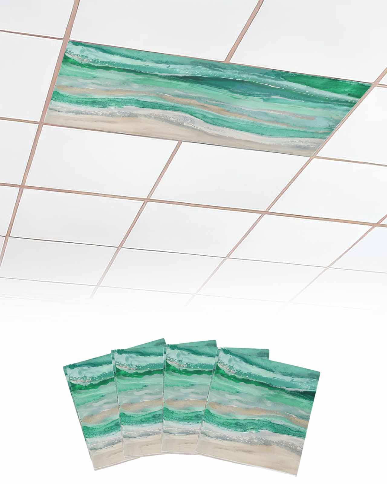 Ocean 4 Pcs Fluorescent Light Covers for Ceiling Lights, Abstract Art Beach Gradient Green Wave Magnetic Light Filters for Eliminate Harsh Glare Classroom Office Decoration, 4 x 2 Ft