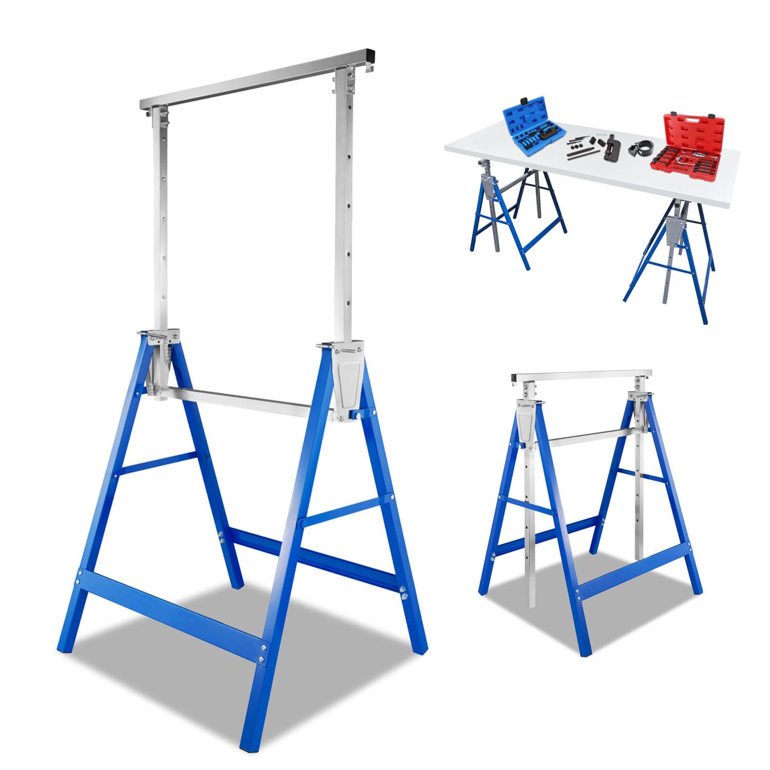 Juego de 4 caballetes telescópicos, altura regulable de 80 a 130 cm, soporte plegable de acero, con capacidad de carga de 200 kg por par para taller, garaje, obras y renovación, color azul