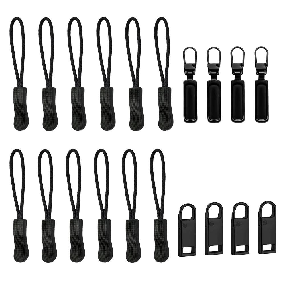 Bjotfhy Black 20Pcs Zipper Pull Replacement Set - 12 Cord Zipper Pulls & 8 Metal Zip Pulls Heads For Backpacks, Jackets, Luggage