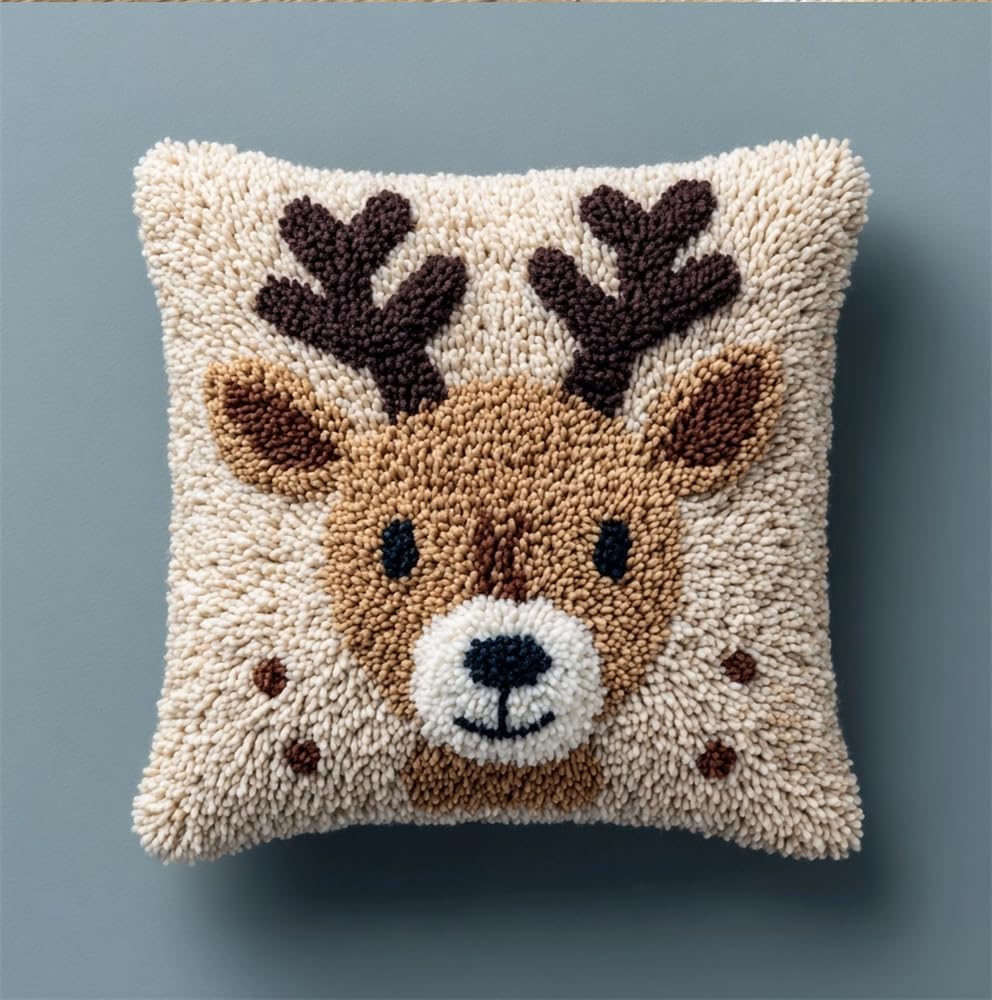 kitphoenix Latch Hook Kits, Latch Hook Kit for Beginners Deer Throw Pillow Cover Pattern Printed Sofa Cushion Crochet Needle for Carpet Embroidery 17X17Inch