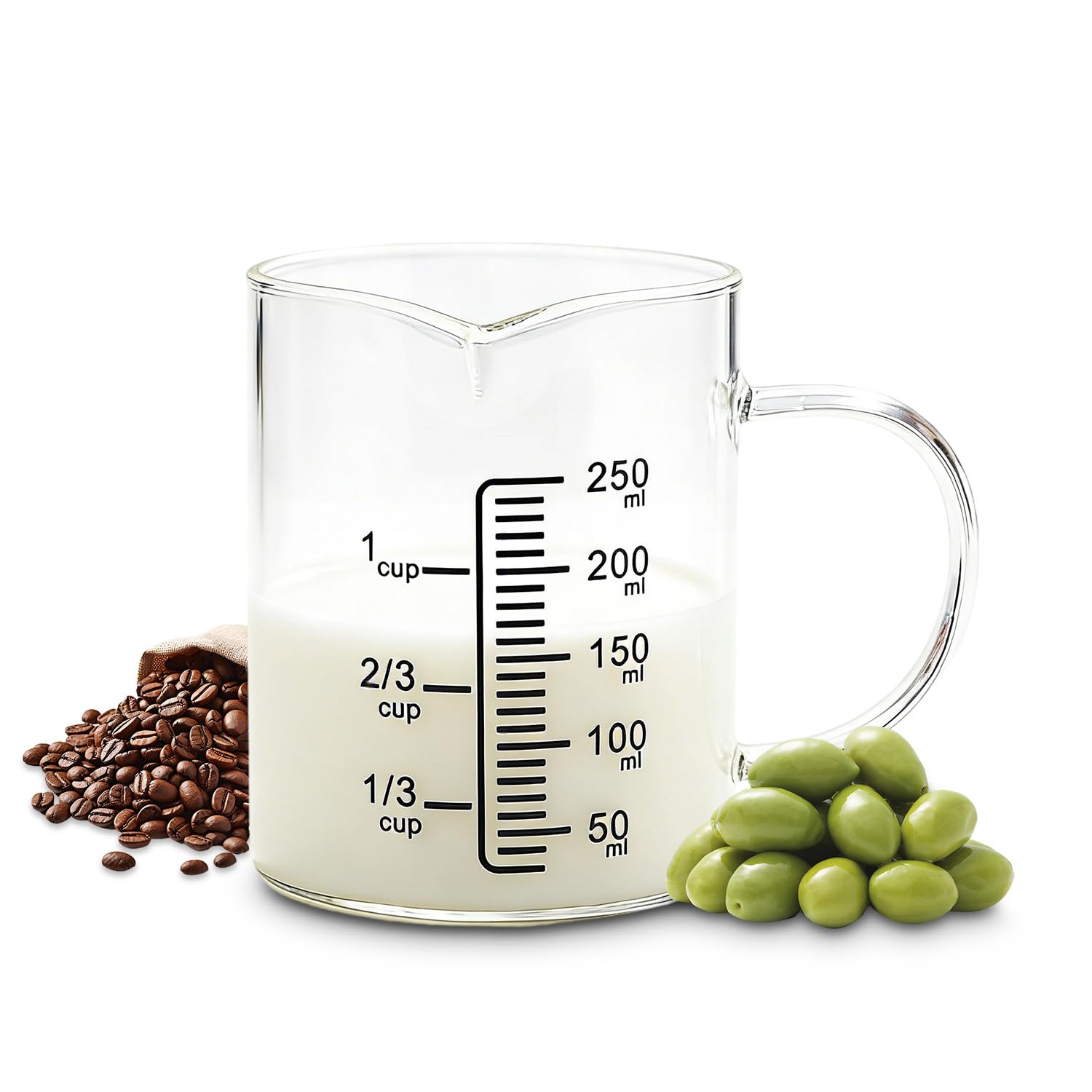 Measuring Jug, 250ml Transparent Glass Measuring Cup, with Clear Measurements and with Anti-Drip Spout, for Accurate Cooking and Baking, Ideal for Bartending and Coffee Brewing