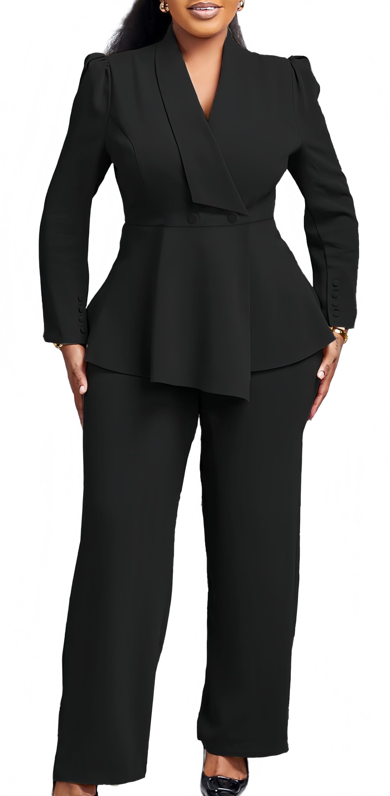 Women Suit Jacket 2 Piece Ruffle Blazer with Wide Leg Pants Suit Long Sleeve Business Casual Outfits-image-13