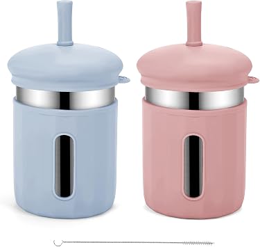 Stainless Steel Kids Cups, 12.51 oz Toddler Tumbler with Straws and Lids, Spill-Proof Baby Smoothie Cup with Silicone Sleeve, Versatile 2-in-1 Drinking Snack Cups for Kids Blue+Coral