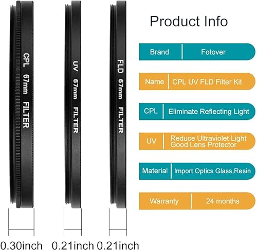 Miniatura 3 de Kit de filtro universal UV CPL FLD, filtro de protección UV, filtro polarizador circular, filtro fluorescente con tapa de lente de repuesto para