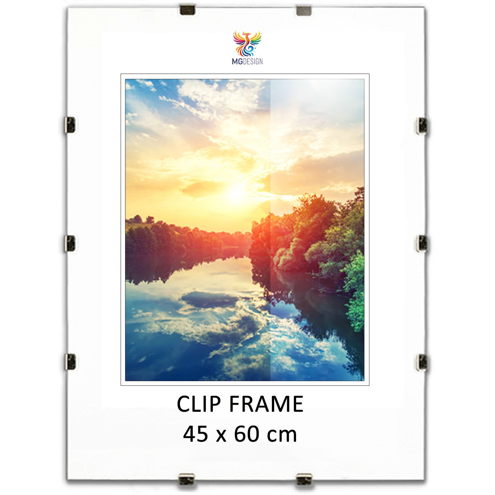 MG Design Marco de clip 45 x 60 cm - sin marco, acrílico transparente y fondo HDF, vertical u horizontal, para fotos, pósteres y diplomas
