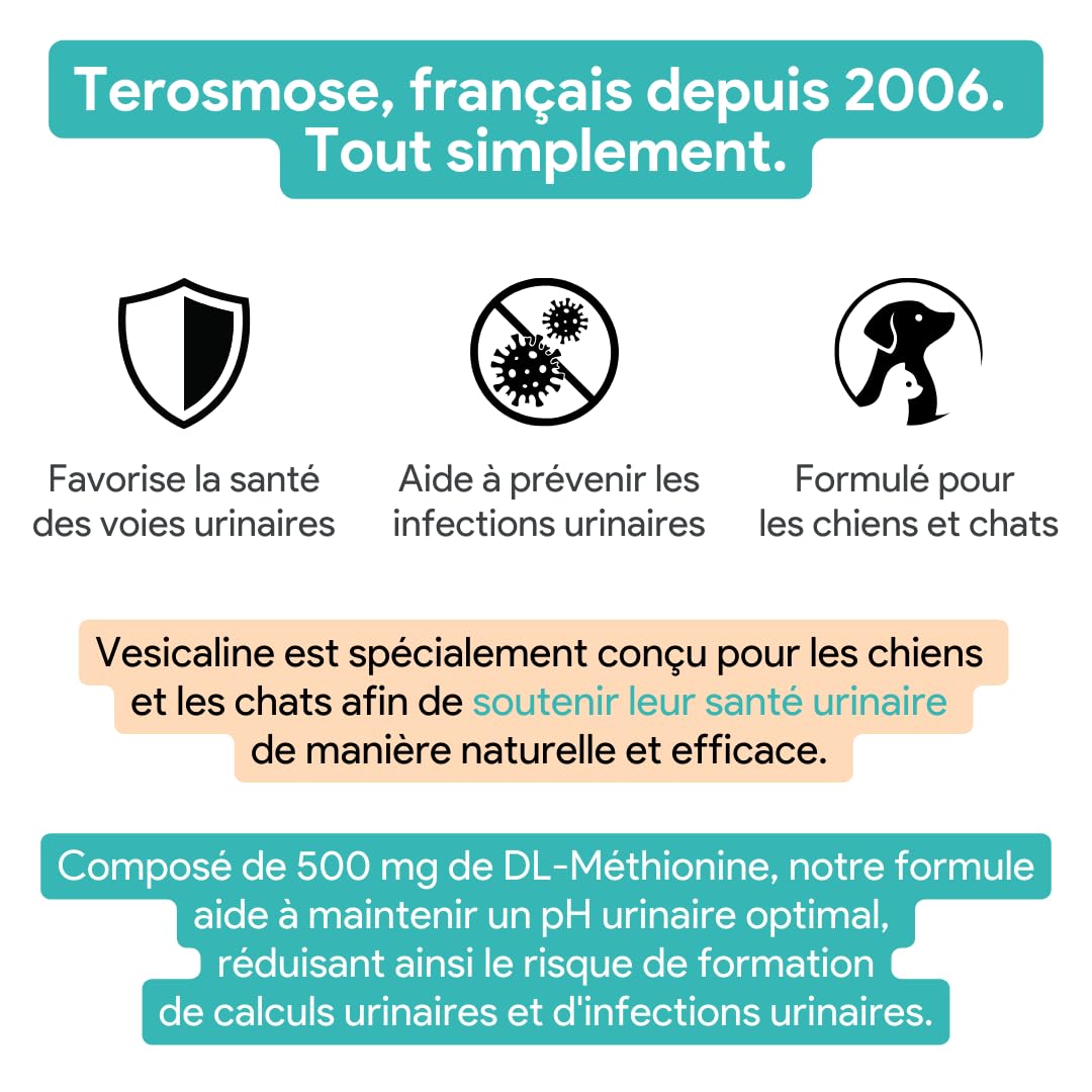 Vesicaline • Soulagement & Prévention des Infections Urinaires chez Chats & Chiens | Formule Vétérinaire pour Vessie Saine et Voies Urinaires Sereines | DL-méthionine | 100 Comprimés