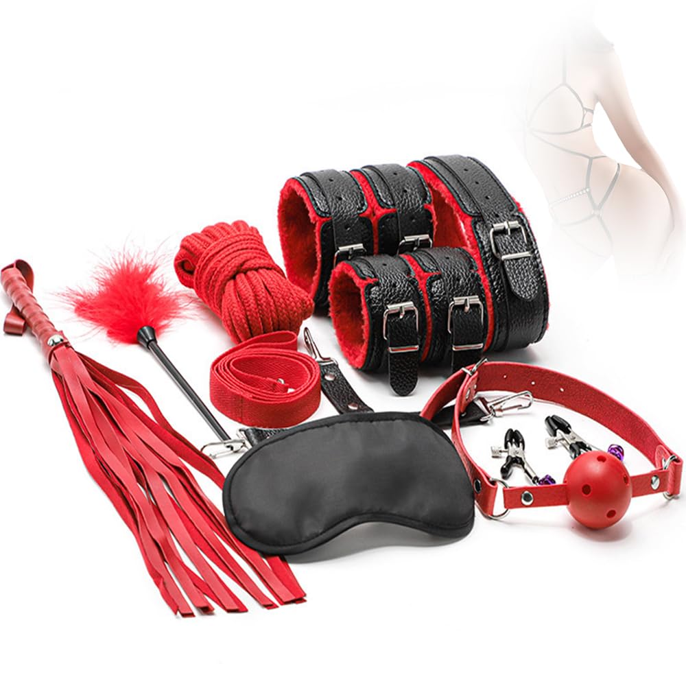Set da gioco di ruolo per coppie, accessori regolabili, set da dieci pezzi in pelle - per la camera da letto, per aggiungere divertimento a uomini e donne - rosso e nero