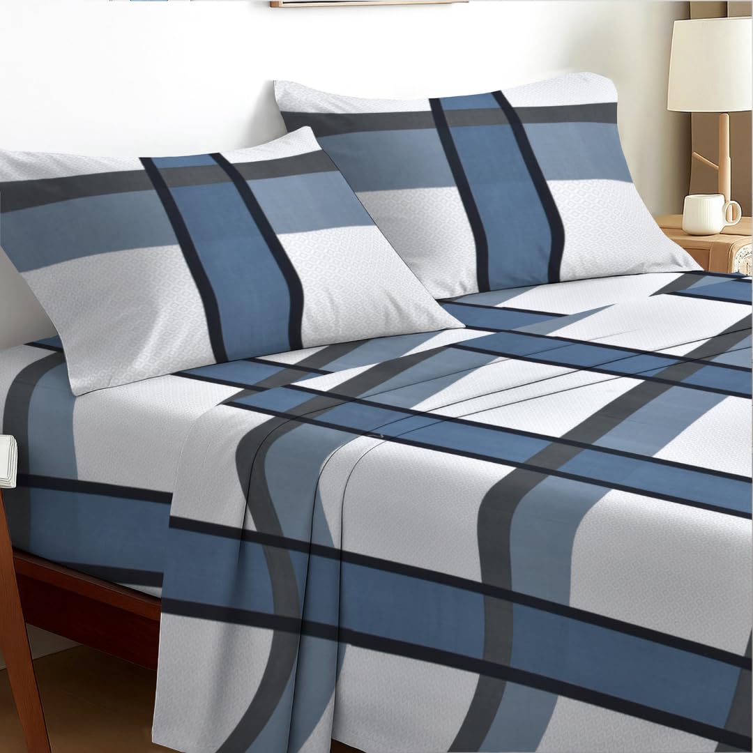EverSoft Bedding Double 4-Piece Bedding Set Luxury Soft Touch Floral Print Flower Design Sheets 35cm Extra Deep Fit Includes Flat Sheet & 2 Pillowcases Breathable Comfort Nordic Checks