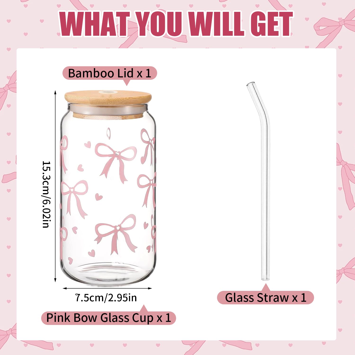 Cumnvulnt Coquette Aesthetic Glass Cups with Lids and Straws, Pink Bow Iced Coffee Cup - Image 2