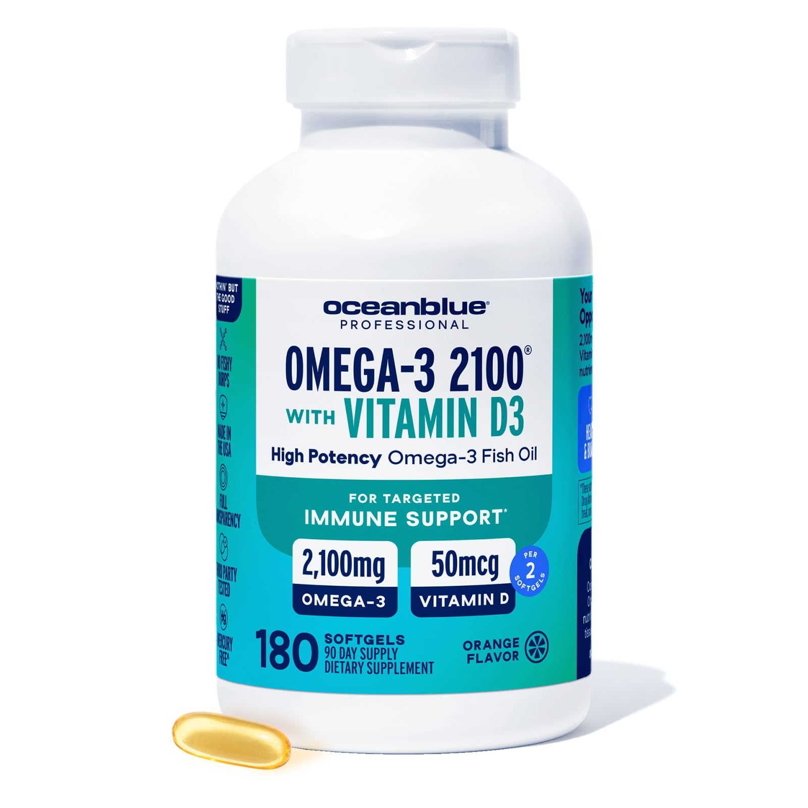 OceanblueProfessional Fish Oil with Vitamin D3 | Triple Strength 2100mg Omega 3 DPA EPA DHA | Wild Caught | Burpless Orange Flavor, 90 Servings (180 Count)