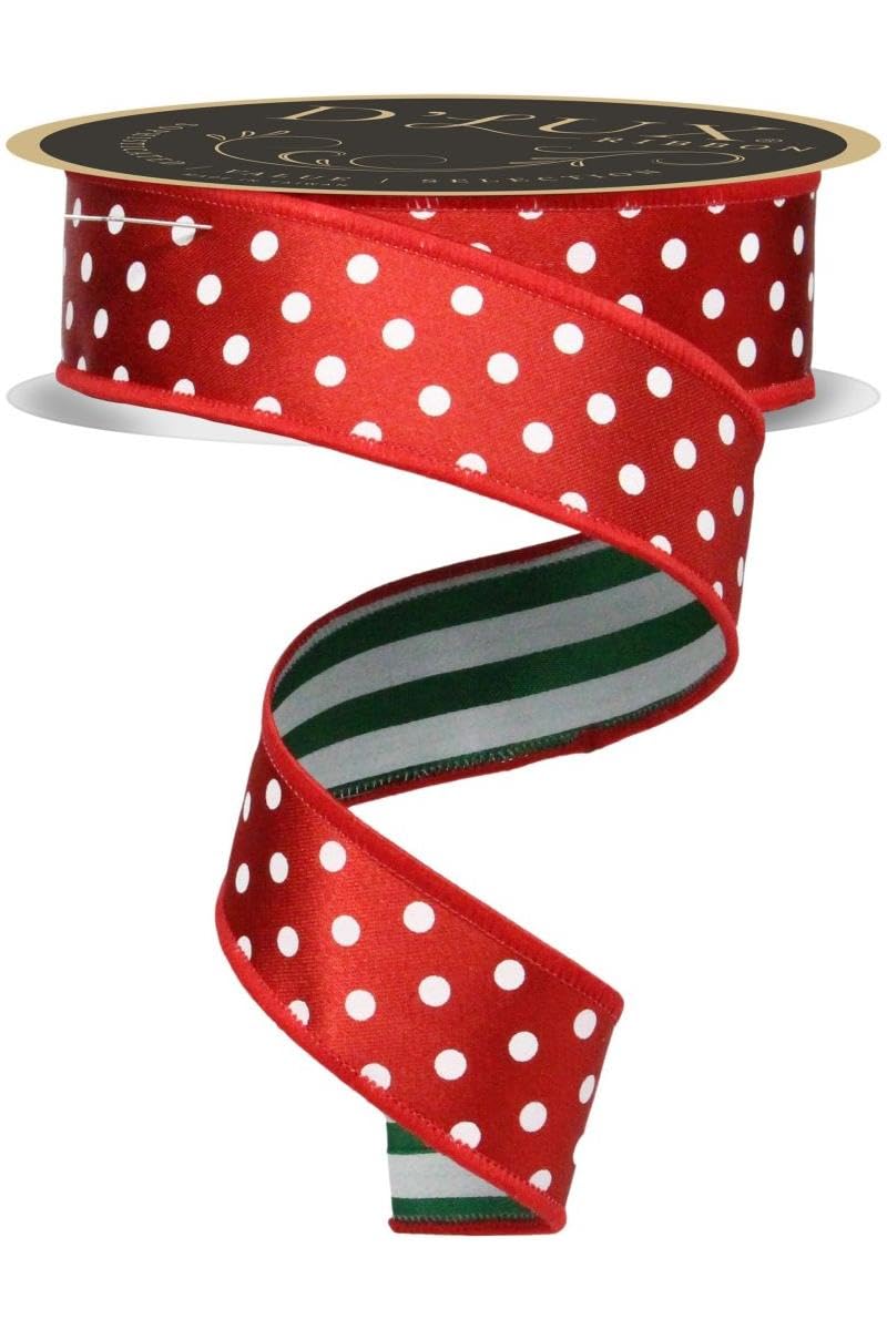 Craig Bachman, Red White Emerald Green Polka Dot Fused Back Wired Edge Ribbon (1 1/2 inch x 10 Yards), Polka Dot and Stripes Double Sided Ribbon
