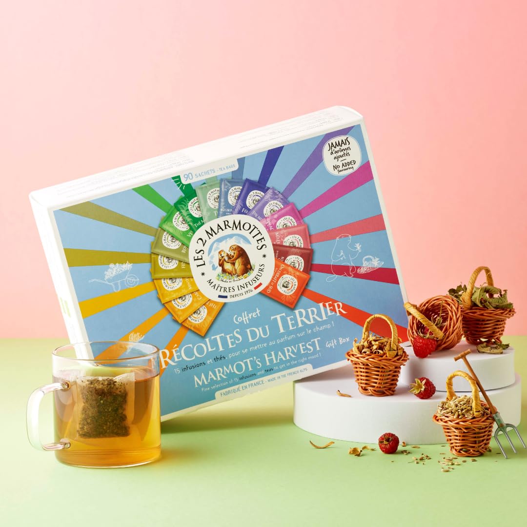 Les 2 Marmottes - Grand Coffret Récoltes du Terrier 90 Sachets - 12 Infusions 3 Thés - Idéal En Cadeau - Bien-Être Et Relaxation - Made In France - Sans arômes ajoutés - 134g