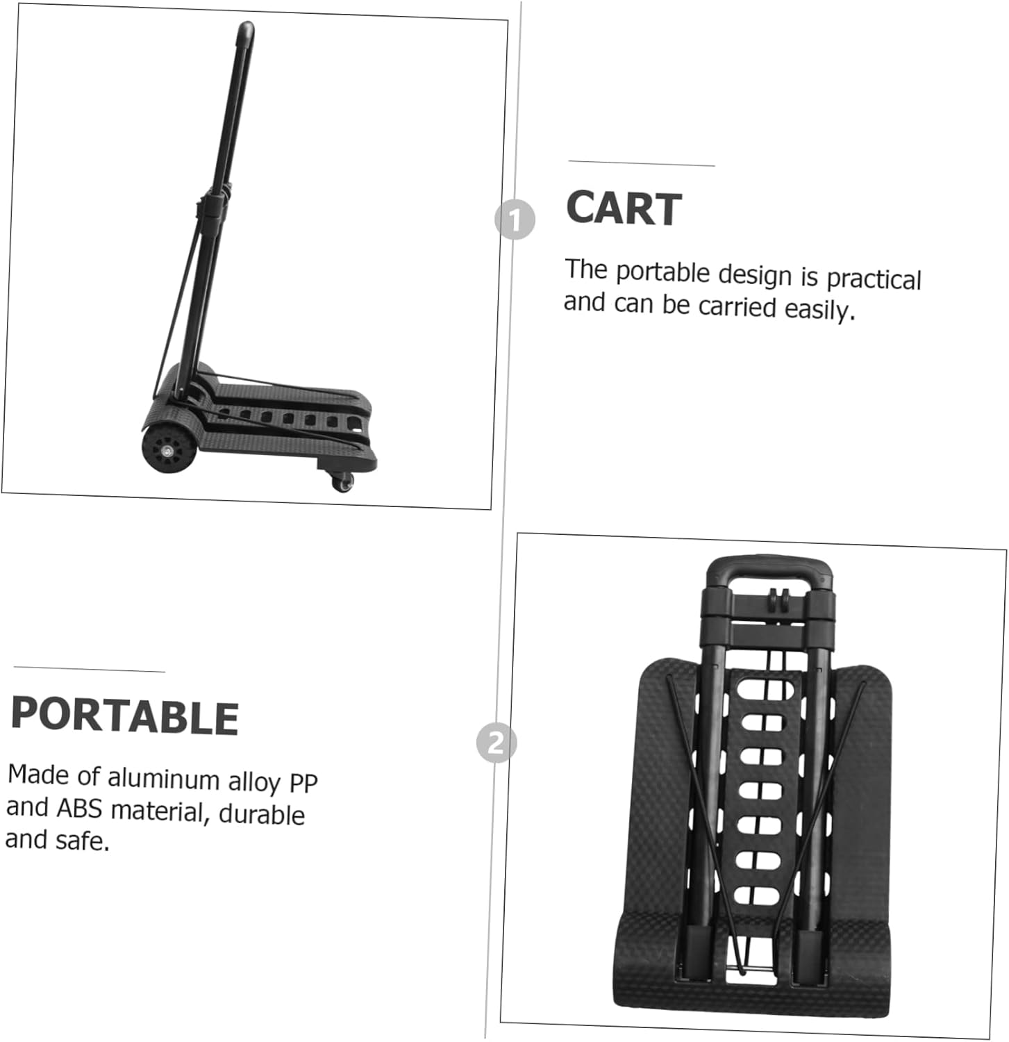 KALLORY Folding Hand Cart with Thickened Design Portable Aluminum Alloy Trolley for Shopping and Travel Lightweight Collapsible Pull Rod Luggage Cart Black Two-Wheel Option